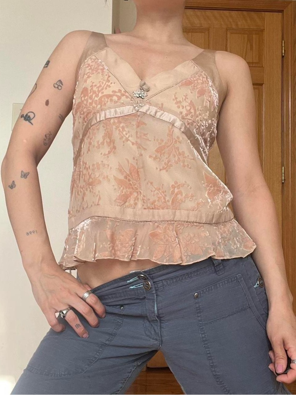 Vintage Floral Silk Blen Ruffle Camisole / Babydoll Tank Top